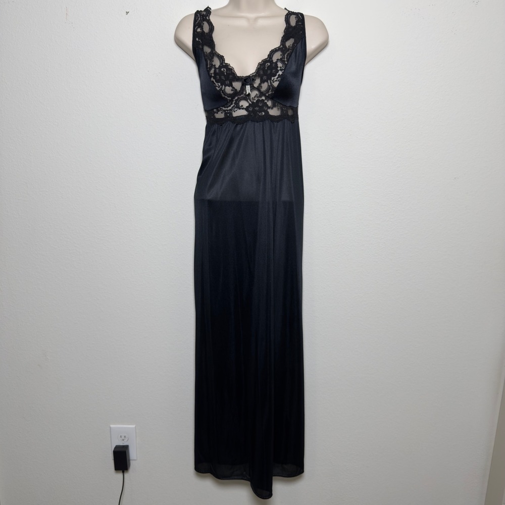 VTG 80s Adonna Women Babydoll Whimsigoth‎ Maxi Dress XL Black Lace Trim Cutout